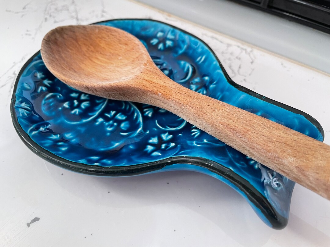 Embossed Blue Ceramic Spoon Rest, Spoon Holder, Authentic Ladle Scoop