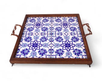 Large Wooden Serving Tray & Ceramic Tile, Decorative Floral Tile, Mexican Turkish Oriental Tile, Organizer, Coffe Serving, Breakfast Platter
