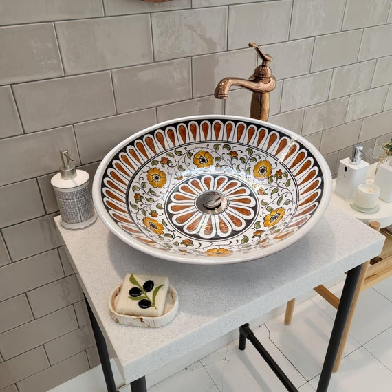 Unique Bathroom Vanity Floral Sink Ceramic Geometric Round V Etsy