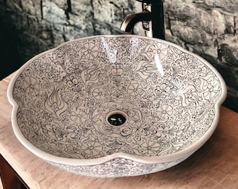 Bathroom Floral Vessel Round Sink Basin, Flower Shaped Countertop Basin, Bowl Sink Lavatory, Kitchen Remodeling, Vanity Glossy Wash Stand