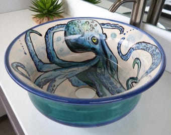 Bathroom Ceramic Alien Octopus Artisanal Sink, Rustic Vessel Basin, Coastal Basin Bowl, Bath Design, Hotel Large Vanity Top Toilet Sink