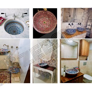 May include: A collection of bathroom sinks with intricate tile designs. The sinks are made of ceramic and feature a variety of colors and patterns. The sinks are shown in different bathroom settings.