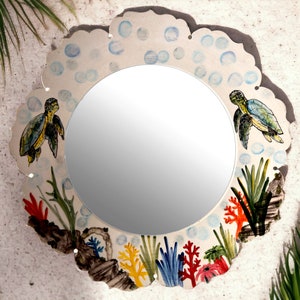 Decorative Beach House Mirrors, Caretta Landscape Ceramic Mirror, Hanging Aesthetic Mirror, Bathroom Vanity Mirror, Yard Decor, Sea Turtle