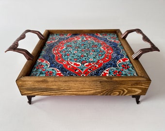 Oriental Decorative Tile Tray & Handle, Ottoman Serving Wooden Tray, Mexican and Turkish Tile, Organizer Tray, Coffe Serving, Inauguration