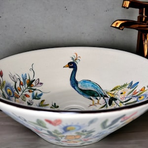 Peacock Bathroom Sink, Bath Vanity Vessel Sink, Half Bath Sink,  Round Pottery Sink, Mediterranean Ceramic Decor, Guest Bathroom Remodeling