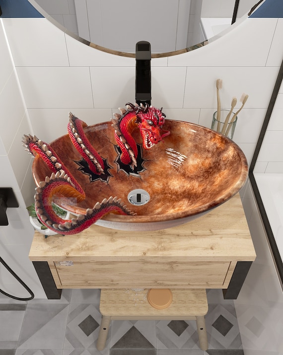 Large Ceramic Dragon Vessel Sink, Mediterranean Pottery Sink, Countertop Basin, Bathroom Vanity Remodeling, Glossy Washbasin, Dragon Lover
