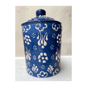 Mediterranean Navy Blue 11 oz Spice Jar, Pottery Salt Cellar, Ceramic Food Storage Canister with Lid for Tea, Coffee, Candy, Sugar Container