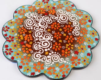 Salvamanteles de cerámica con relieve verde azulado hecho a mano, posavasos de azulejos turcos para platos calientes, agarradera resistente al calor, decoración para encimeras de cocina, el mejor regalo culinario.