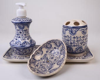 Bathroom Accessories Set with Blue Goldenhorn Design, Liquid Soap Dispenser &Pump, Toothbrush Holder, Soap Dish, Lotion Dispenser, Bath Gift