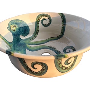 Green Octopus Bathroom Vessel Sink, Ceramic Countertop Basin, Washing Bowl, Vanity Countertop Sink, Washbasin, Bathroom Remodeling, Lavatory