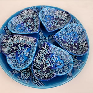 Blue Snack Serving Set, Appetizer Dishes, Turkish Ceramic Platter, Pottery Bowl and Plate, Large Dinner set & Breakfast set, Dining Set Gift