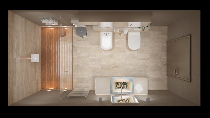 May include: Top view of a bathroom with a shower, two toilets, and a sink with a floral design. The bathroom has beige tile floors and walls.