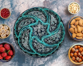 Teal Ceramic Snack Serving Set, Handmade Turkish Platter, Pottery Bowl and Plate, Large ceramic dinner set or Breakfast set, Dining Set Gift