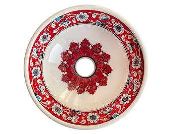 Lavabo redondo con flores para baño, lavabo circular de cerámica para encimera, lavabo de tocador sobre encimera, lavamanos, remodelación de baño, lavabo de estilo rústico para jardín.