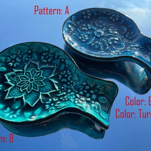 Blue & Turquoise Turkish Ceramic Spoon Rest, Authentic Ladle Scoop Fork Rest, Stove Tea Bag Holder, Kitchen Utensil Holder, Gift for Home image 4
