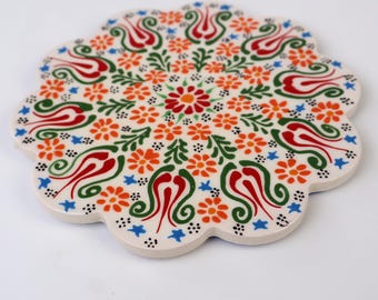 White Ceramic Relief Trivet Hot Pan, Turkish Tile Coaster for Hot