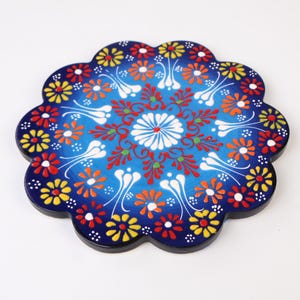 Navy Blue Ceramic Relief Trivet, Mexican Tile Coaster for Hot Dishes, Heat-Resistant Pot Holder, Kitchen Counter Decor, Best Cooking Gift