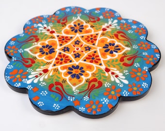 Salvamanteles de cerámica azul con relieve, posavasos de cerámica turca con relieve para platos calientes, agarradera resistente al calor, decoración para encimeras de cocina, el mejor regalo culinario.