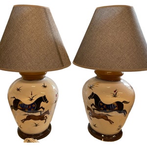 Table Lamp Horse Pattern, Decorative Turkish Ceramic Table Lamp, Pendant Flower Design With Lampshade Japanese Accent Lamp, Bedside Lamp