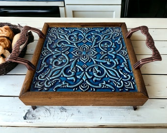 Oriental Embossed Decorative Tile Tray & Handle, Ottoman Serving Wooden Tray, Mexican and Turkish Tile, Coffe Serving, Inauguration Gift