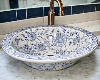 Bathroom Ceramic Blue Basin, Kitchen Vessel Sink, Countertop Floral Basin, Bowl Sink, Bathroom Remodeling, Vanity, Glossy Washstand, Powder