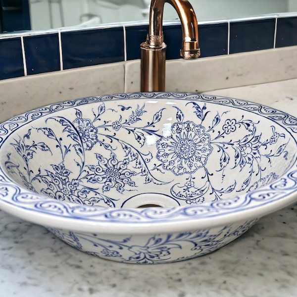 Bathroom Ceramic Blue Basin, Kitchen Vessel Sink, Countertop Floral Basin, Bowl Sink, Bathroom Remodeling, Vanity, Glossy Washstand, Powder