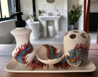 Bathroom Accessories Set with Dragon, Liquid Soap Dispenser, Toothbrush Holder, Soap Dish, Lotion Dispenser, Beach House Bath Decor, Summer