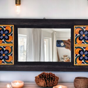 Wall Hanging Wood Mirror, Rustic Under Shelf Mirror, Country House Kid Mirror, Bohem Frame Wall Hanging Ceramic Tiled Nursery Ethnic Mirror