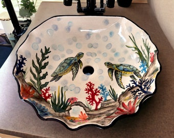 Bathroom Countertop Sea Turtle Sink, Ceramic Siren Washbasin, Bath Vanity Sink, Bathroom Remodeling, Master Bathroom & Guest Bath Washbowl