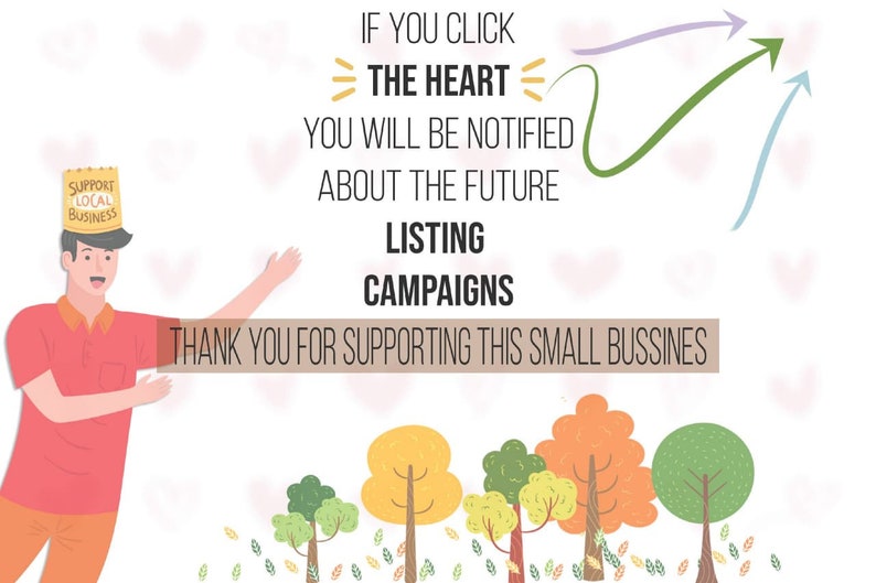 Op de afbeelding: Een cartoonillustratie van een persoon die een hoed draagt met de tekst "Support Local Business". De persoon wijst met zijn rechterhand naar rechts. De tekst "Als je op het hart klikt, word je op de hoogte gebracht van toekomstige listing-campagnes. Bedankt voor het steunen van dit kleine bedrijf" staat in de afbeelding. Er zijn bomen op de achtergrond.