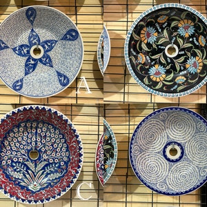 Handmade Countertop Basin, Hand painted Vessel, Mediterranean Ceramic Sink, Moroccan Round Washbasin, Oriental Bathroom Drop in Sink, Round