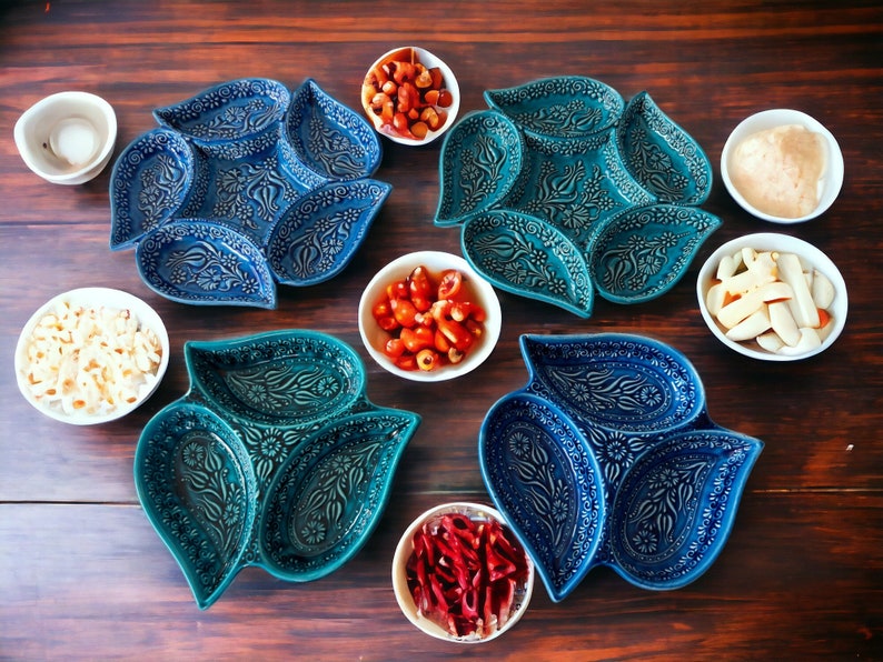 2 Different Shapes Divide Decorative Serving Platter, Turkish Ceramic Offering Bowl, Snack Tray, Appetizer Tapas Bowl, Keys Dish, Nuts Bowl