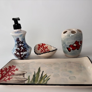 Bathroom Accessories Set with Nemo, Liquid Soap Dispenser, Toothbrush Holder, Soap Dish, Lotion Dispenser, Beach House Bath Decor, Ocean