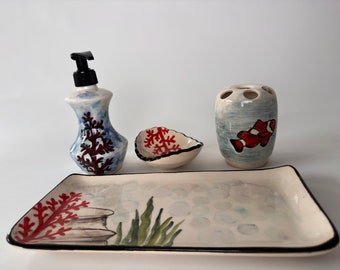 Bathroom Accessories Set with Nemo, Liquid Soap Dispenser, Toothbrush Holder, Soap Dish, Lotion Dispenser, Beach House Bath Decor, Ocean