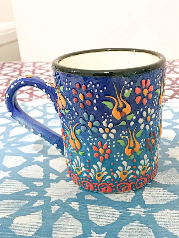 手描き粘土マグカップ、カラフルな陶器マグカップ、トルコの伝統的な