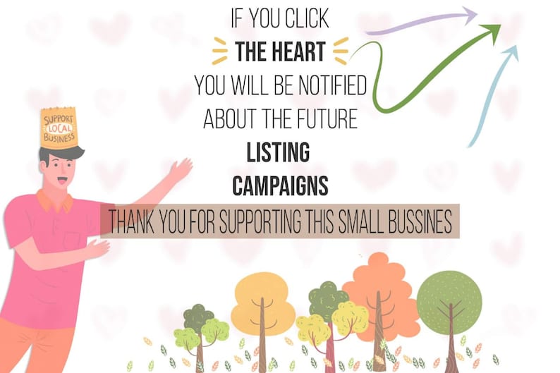 Puede incluir: Una ilustraci&oacute;n de dibujos animados de una persona que lleva un sombrero que dice "Support Local Business". La persona est&aacute; apuntando hacia la derecha con su mano derecha. El texto "IF YOU CLICK THE HEART YOU WILL BE NOTIFIED ABOUT THE FUTURE LISTING CAMPAIGNS THANK YOU FOR SUPPORTING THIS SMALL BUSSINES" est&aacute; escrito en la imagen.