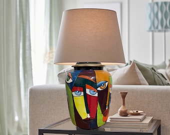 Cubism Art Table Lamp, Face Design Accent Ceramic Lamp, Vase Floor Lamp, Modern Bedside Lamp Shade, Ceramic Lighting, Retro Living Room Deco