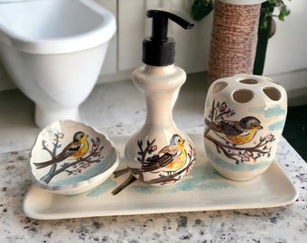 Bathroom Accessories Set with Bird, Liquid Soap Dispenser, Toothbrush Holder, Soap Dish, Lotion Dispenser, Bathroom Rustic Decor, Farmhouse