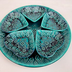 Teal Snack Serving Set, Handmade Turkish Ceramic Platter, Pottery Bowl and Plate, Large ceramic dinner set or Breakfast set, Dining Set Gift