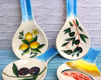 Keramische lepelhouder met fruitmotief, onderzetter en extra grote lepelhouder, bestekhouder voor lepel, pollepel en tang, kookcadeau, cadeau voor fijnproevers