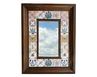 Espejo con marco de madera, mosaico de piedra, azulejo de cerámica, azulejo de Talavera, espejo colgante de pared natural, regalo para un nuevo hogar, regalo de Navidad, regalo para la oficina.