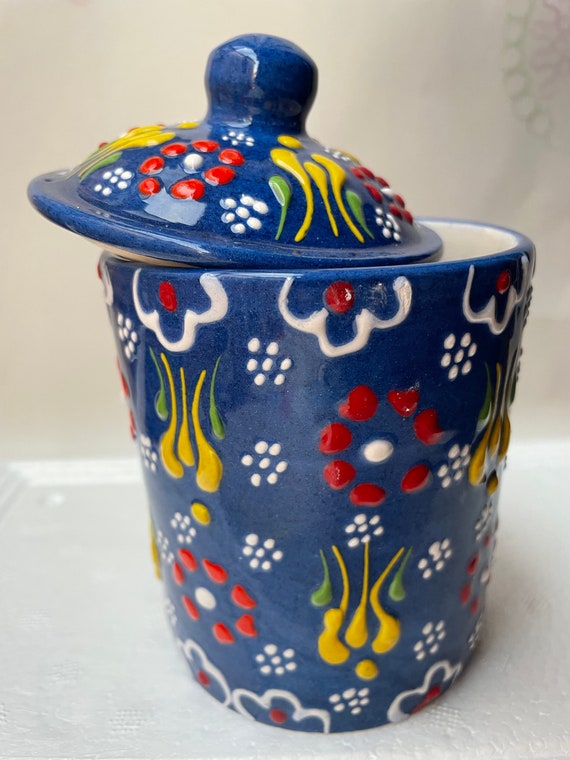 Ceramica rambalena | Saliera e zuccheriera rustica in ceramica | Saliera cucina giallo decorato - Modello 03 | 100% Decorato a mano