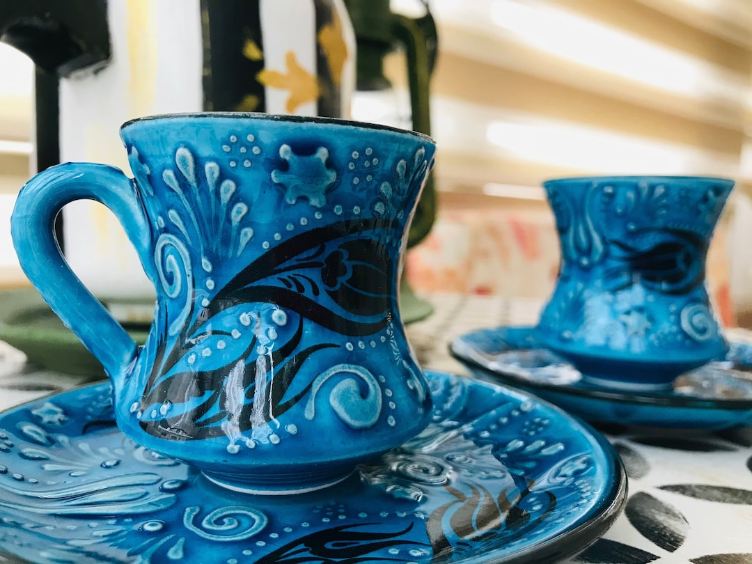 Handmade Ceramic Espresso Cups and Saucers Set (2.55 Oz