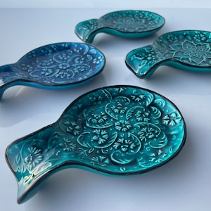 Blue & Turquoise Turkish Ceramic Spoon Rest, Authentic Ladle Scoop Fork Rest, Stove Tea Bag Holder, Kitchen Utensil Holder, Gift for Home image 2