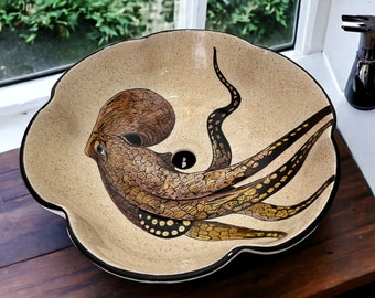 Bathroom Octopus Vessel Round Sink Basin, Flower Shaped Countertop Basin, Bowl Sink Lavatory, Kitchen Remodeling, Vanity Glossy Wash Stand