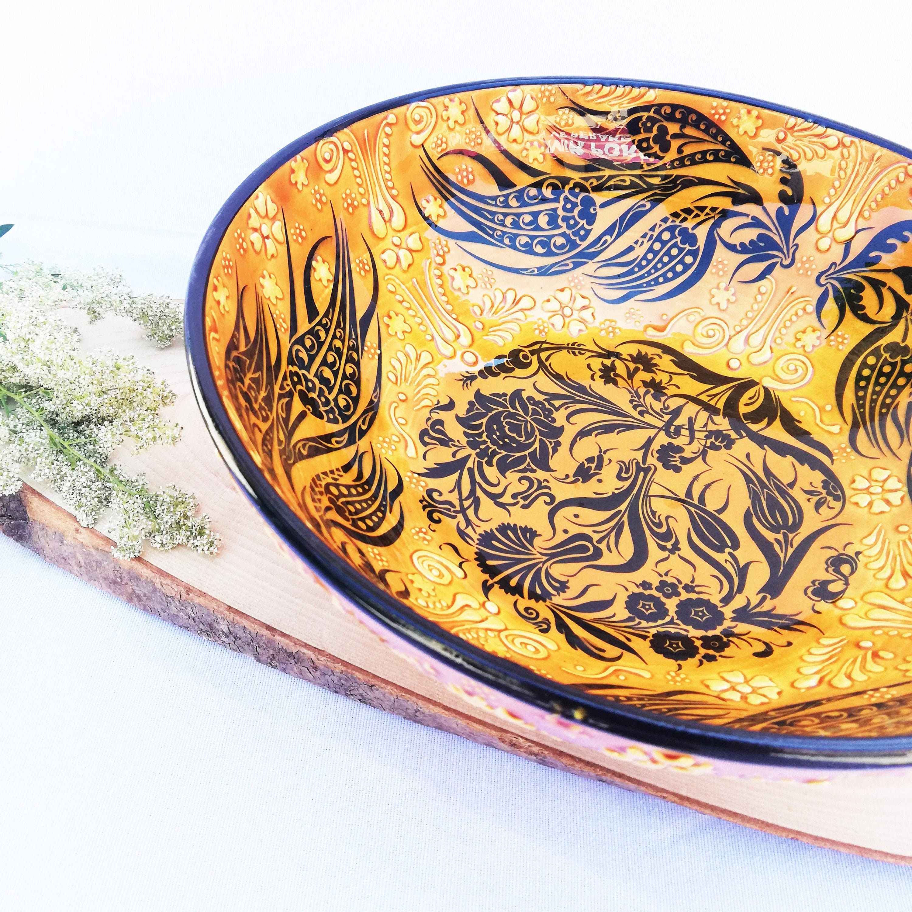Handmade Yellow Ceramic Serving Bowl, Handpainted Embossed Flower Bowl, Ceramic tableware, Pottery Salad plate, Mother's day gift, Cook Gift