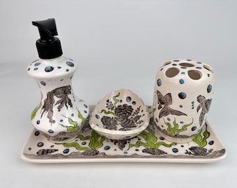 Bathroom Accessories Set & Sea Turtle, Liquid Soap Dispenser, Toothbrush Holder, Soap Dish, Lotion Dispenser, Beach House Bath Decor, Ocean