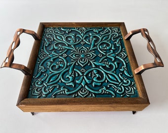 Oriental Teal Embossed Decorative Tile Tray with Handle, Ottoman Serving Wooden Tray, Mexican and Turkish Tile, Coffe Serving, Inauguration