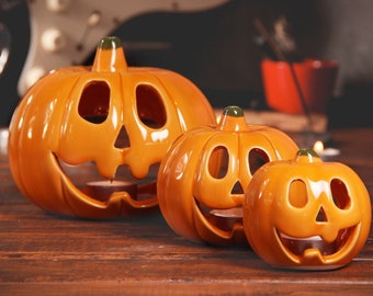 Ceramic Halloween Pumpkin Tea Light Holder Set of 3, Jack O Lanterns, Halloween Decoration, Handmade Pumpkin Candle Holders, Fall Home Decor