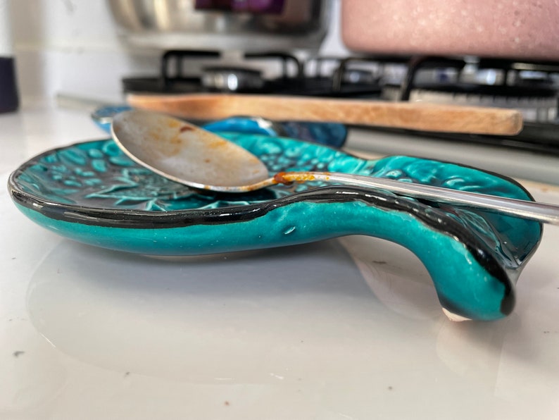 Blue & Turquoise Turkish Ceramic Spoon Rest, Authentic Ladle Scoop Fork Rest, Stove Tea Bag Holder, Kitchen Utensil Holder, Gift for Home image 9